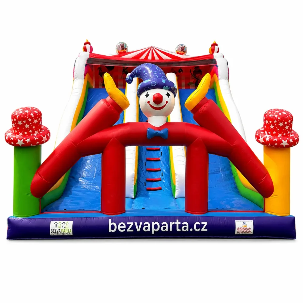 Obří nafukovací dvojitá skluzavka KLAUN – mega atrakce (9x7x7 m)
