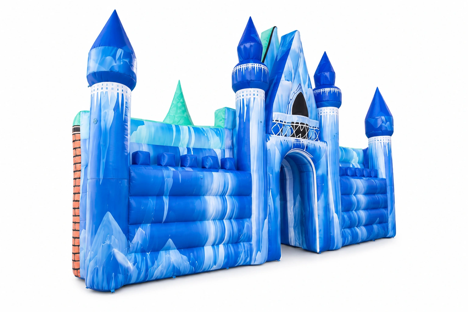 Oboustranná nafukovací stěna LEDOVÉ KRÁLOVSTVÍ a CIHLOVÝ HRAD – 3D fotostěna a brána (4,5×0,5x8 m)