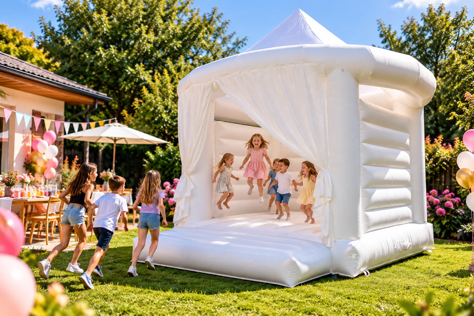 Bílý nafukovací skákací hrad 5×5 m – elegantní hrad na svatby a oslavy - Obrázek 3