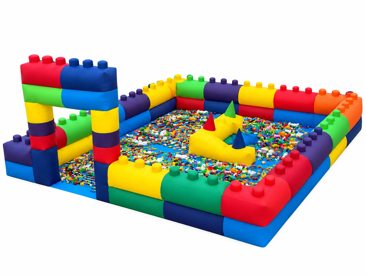 Nafukovací hrací zóna KOSTKOVIŠTĚ – stavebnicový svět s 16 boxy Mega Bloks (5×4 m)